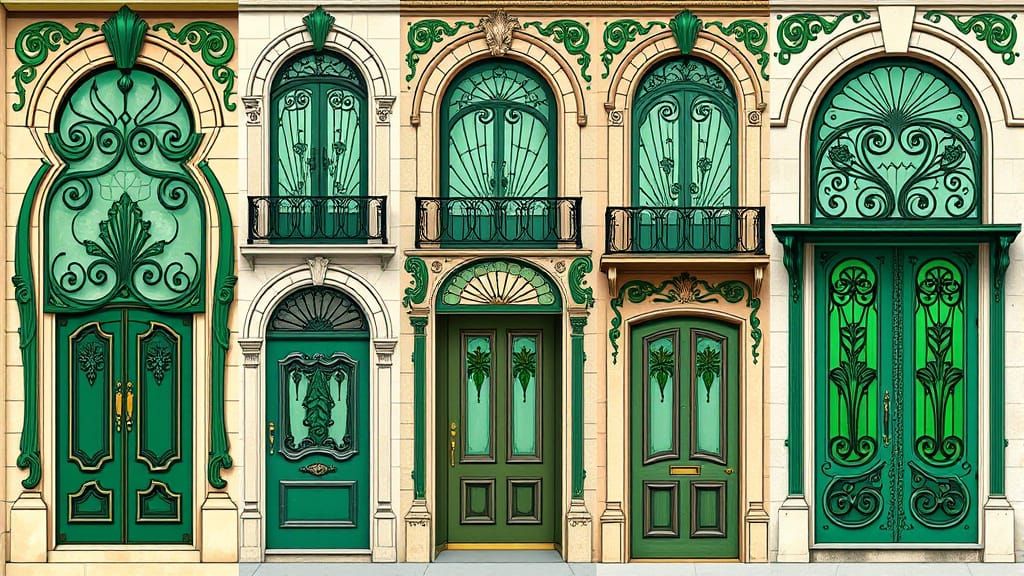 Art Nouveau French Doors and Windows with Botanical Ironwork