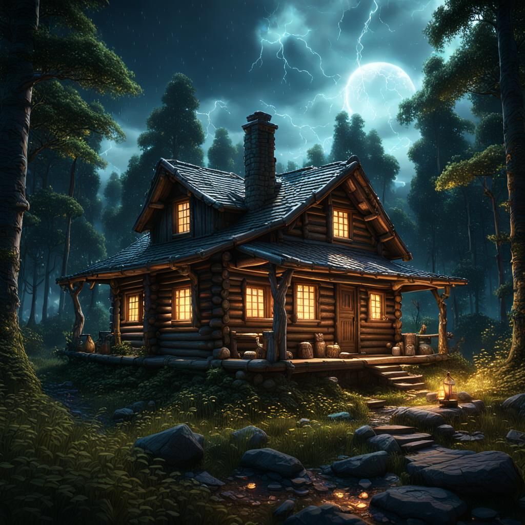 Log cabin in the forest. Fireflies buzzing around. Magical b...