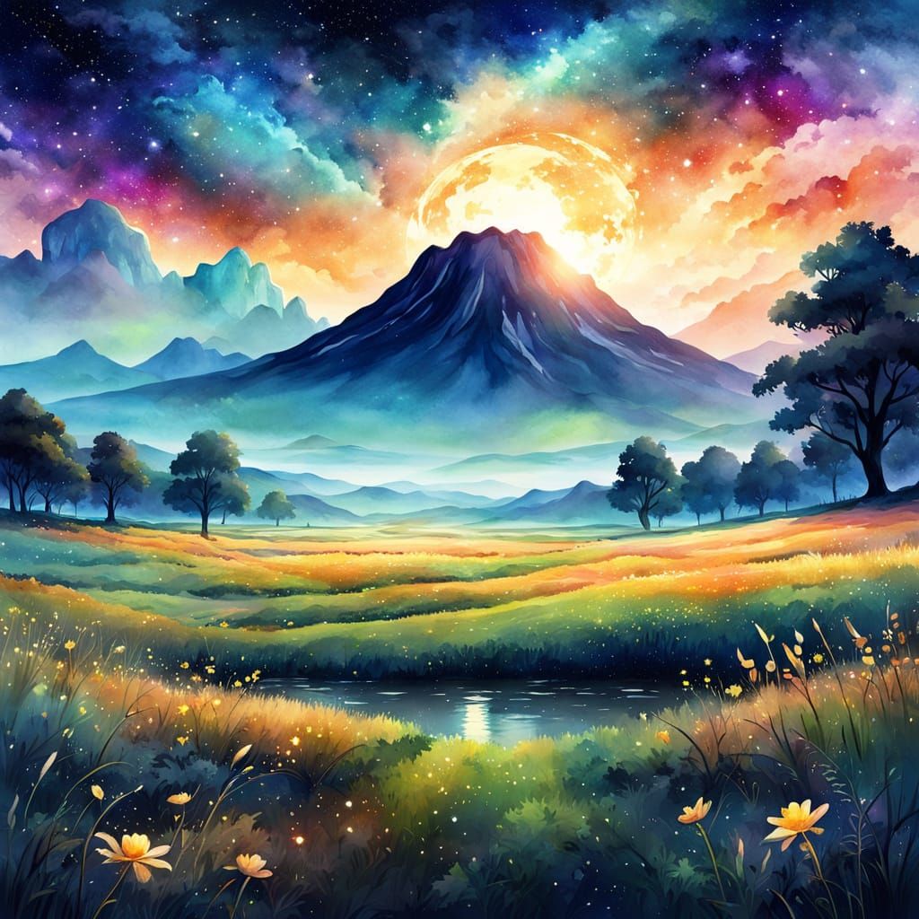 Dreamy Alien Landscape Under Vibrant Starry Sky