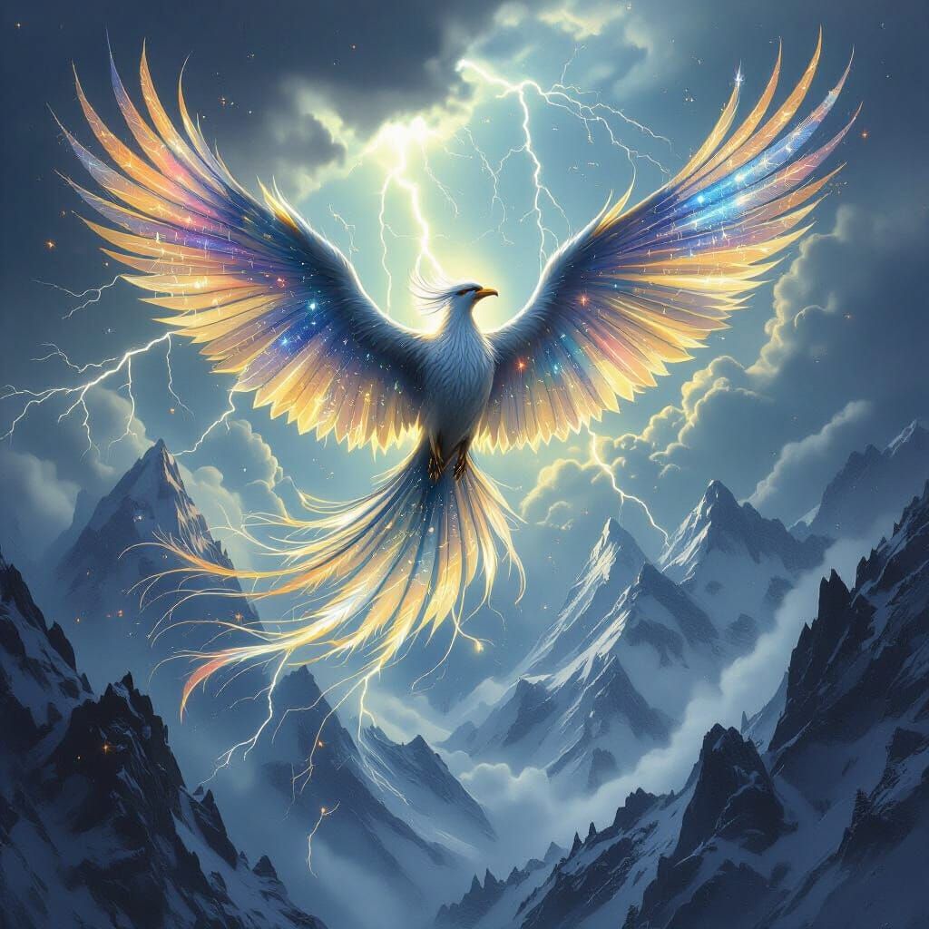 Majestic Magical Bird Soaring Through Stormy Galaxy Sky