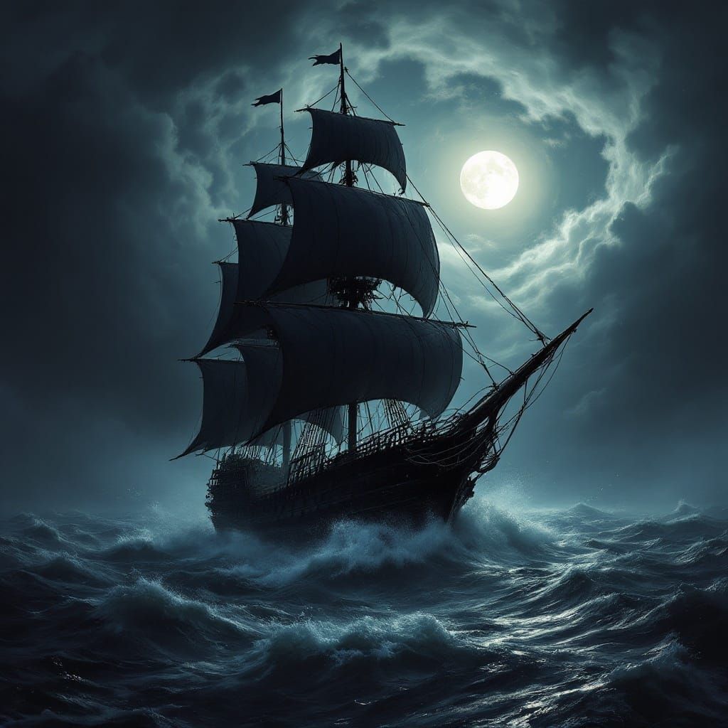 Majestic Pirate Vessel Sails Under Luminous Full Moon