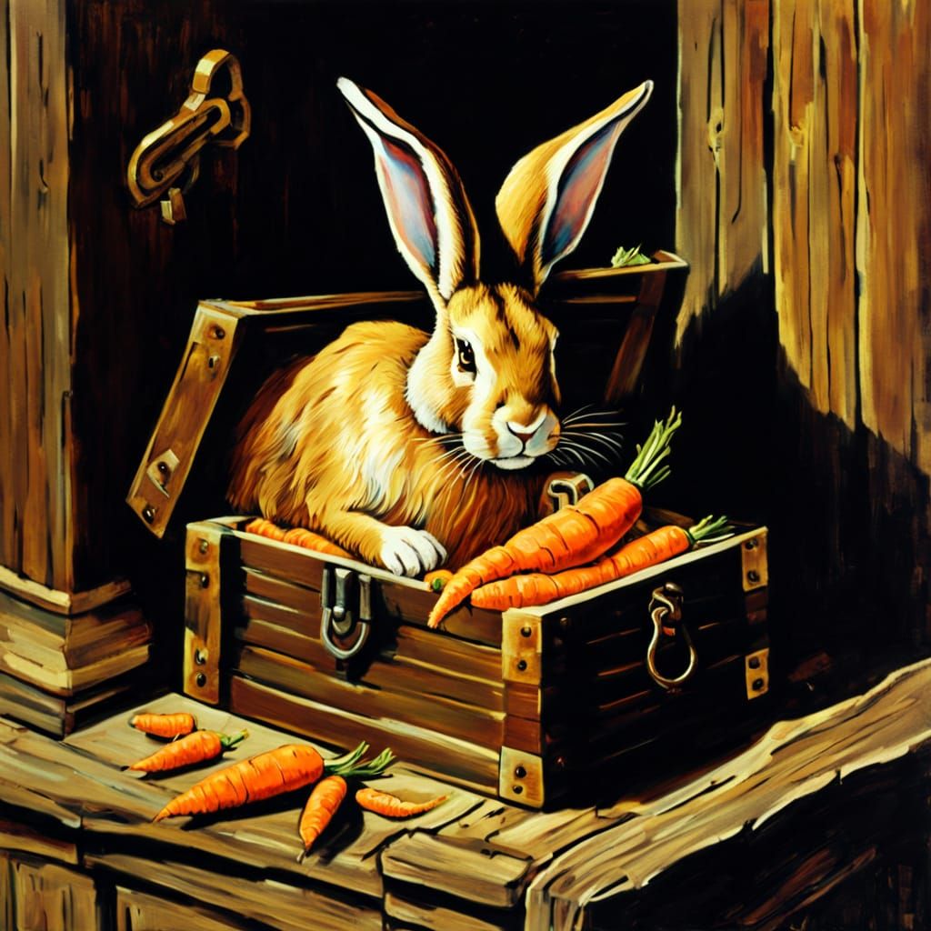 Surreal Rabbit Finds Carrot Treasure: Oil Painting