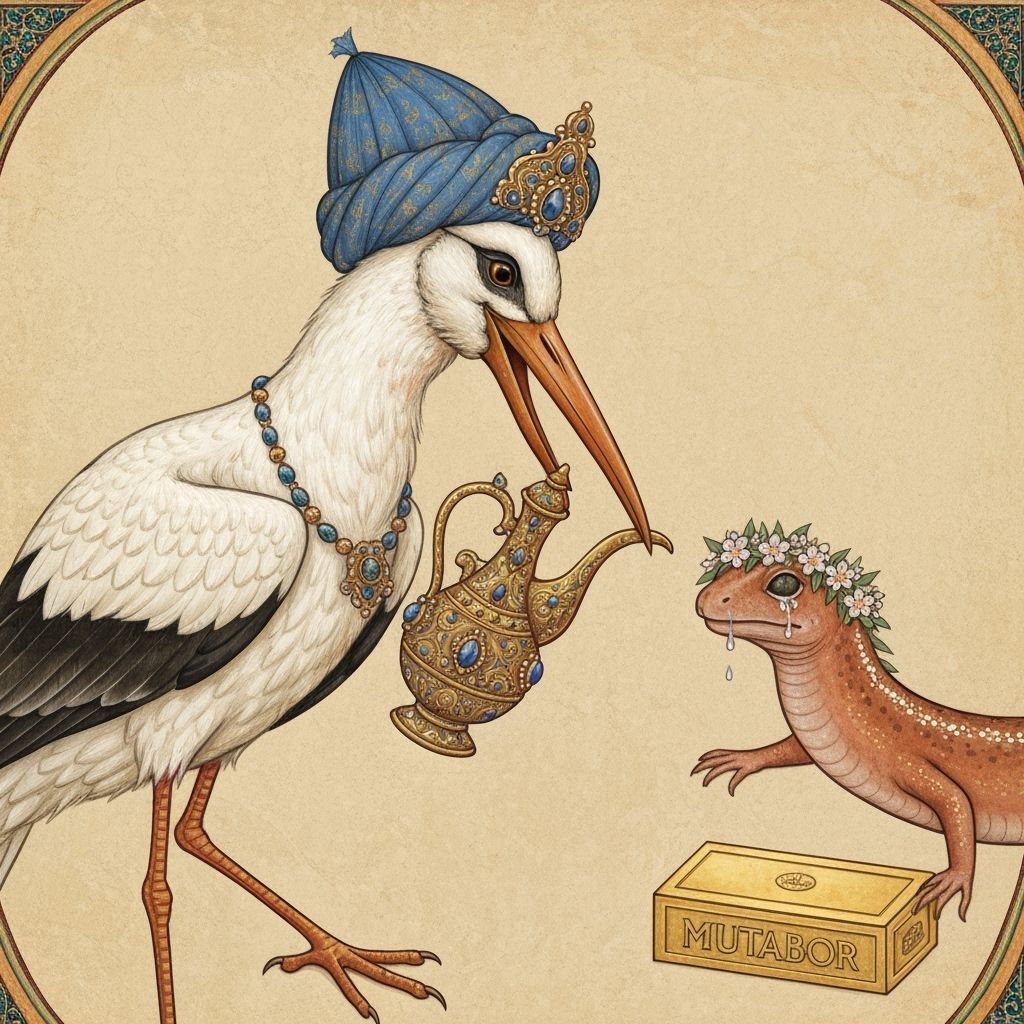 Stork Caliph with Salamander in Persian Miniature Style