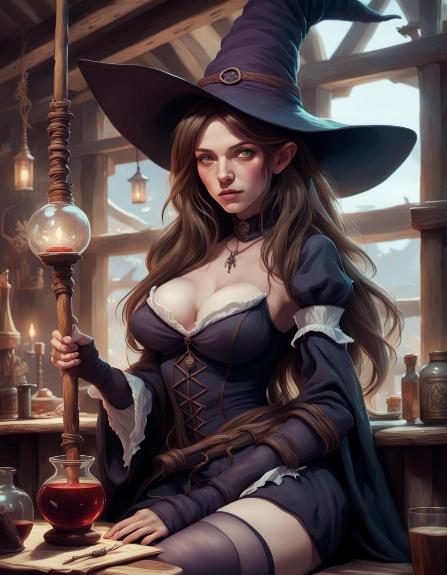 Fantasy Sorceress Relaxing in Tavern, Detailed Digital Art
