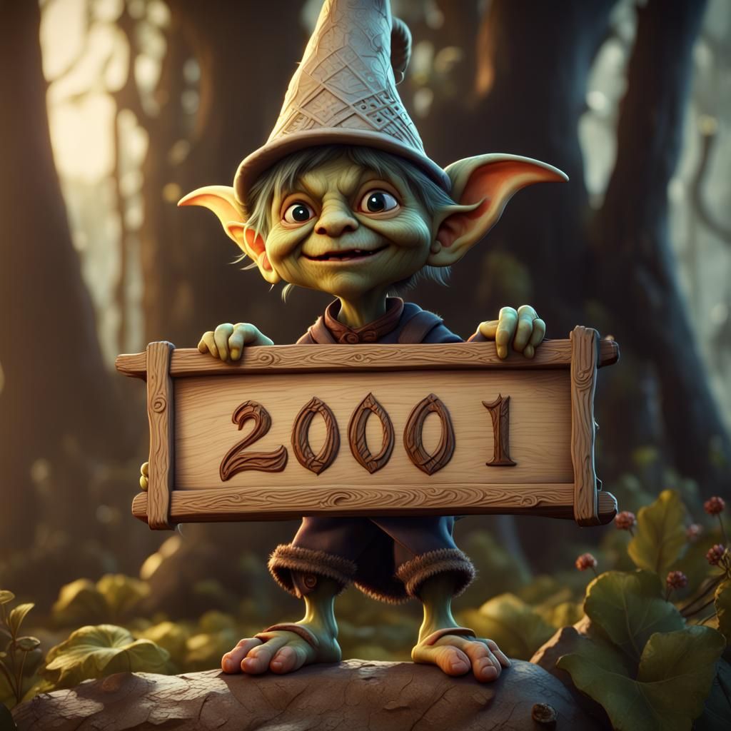 Happy Goblin Peasant Holding Sign, Fantasy Art