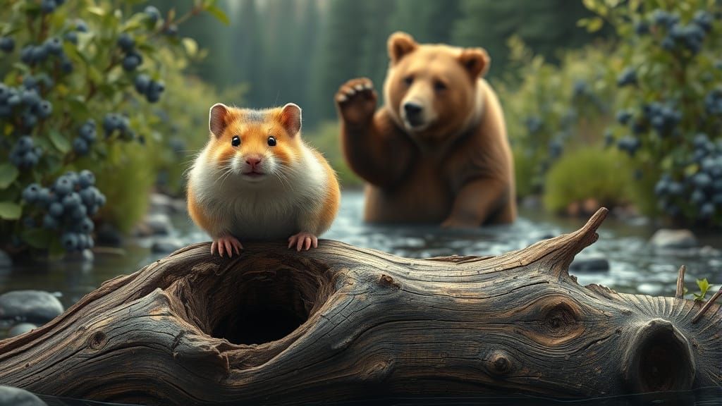 Grumpy Hamster in Surreal Blueberry Landscape