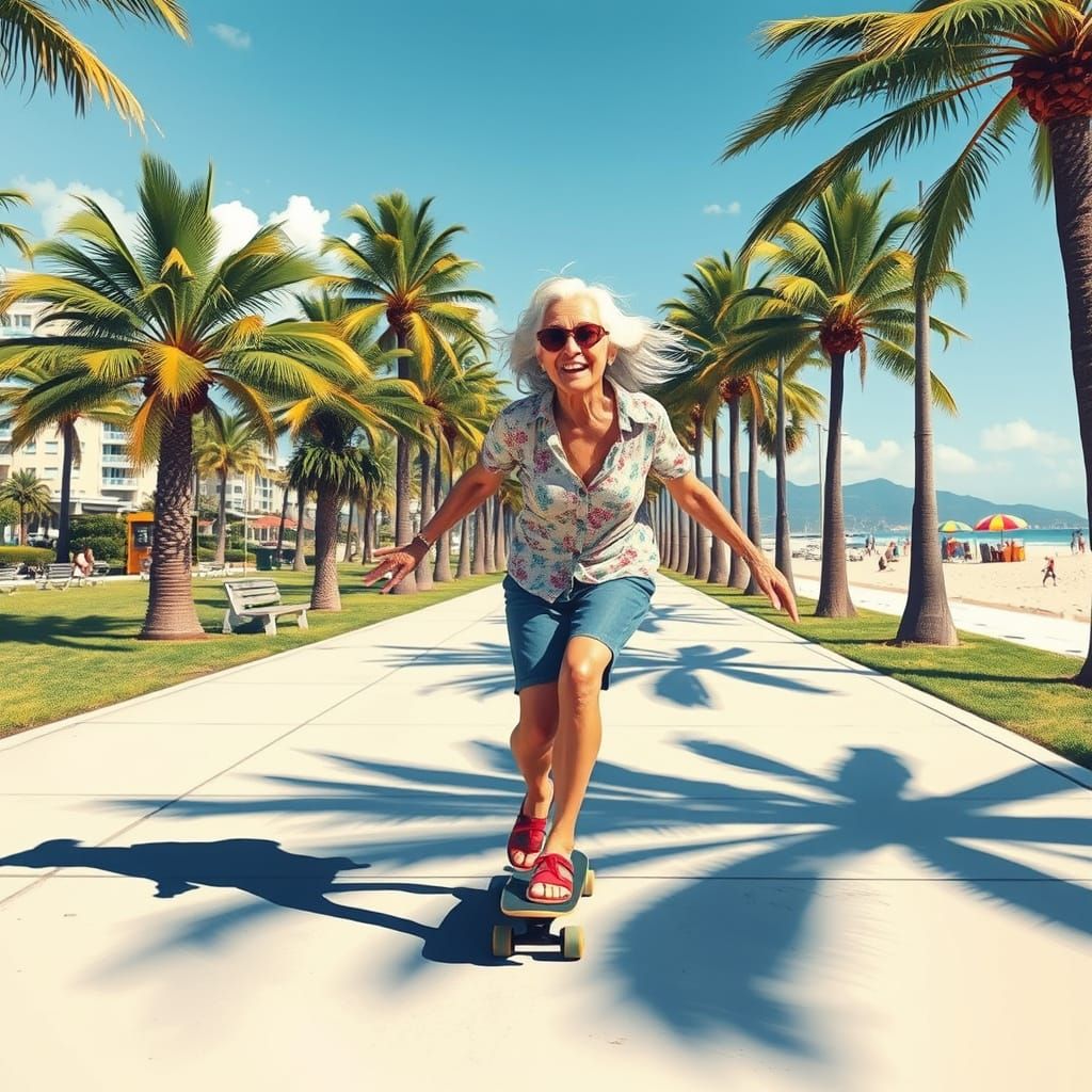 Elderly Woman Skateboarding in Beachside Park, Vintage Style