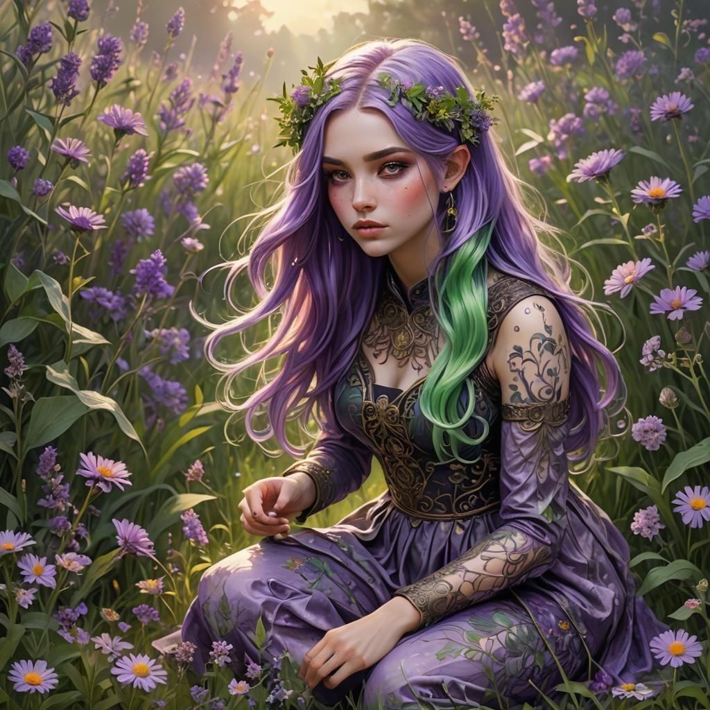 Girl with Purple and Green Hair Picking Flower