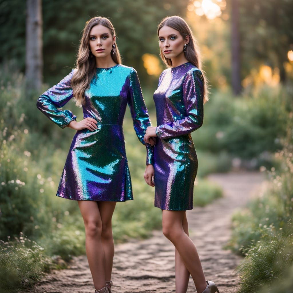 Elfin influencer in irredescent sequin dress