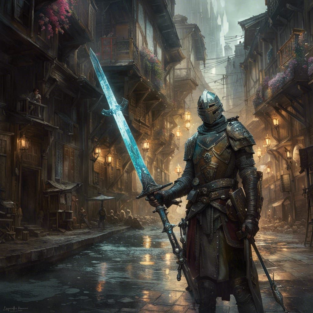 Knight with Iridescent Sword in Medieval Town