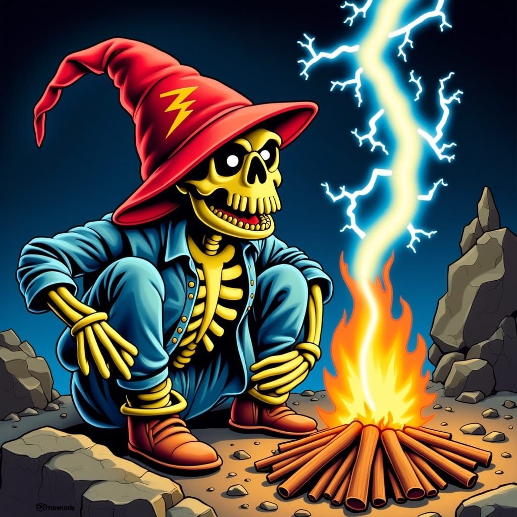 Skeletal Gnome by Campfire in Underground Comix Style
