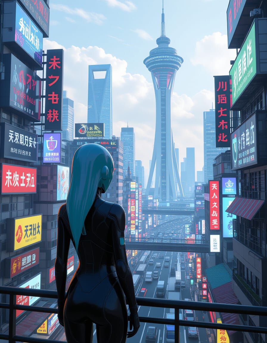 Alien Hybrid Overlooks Futuristic Singapore-Like City