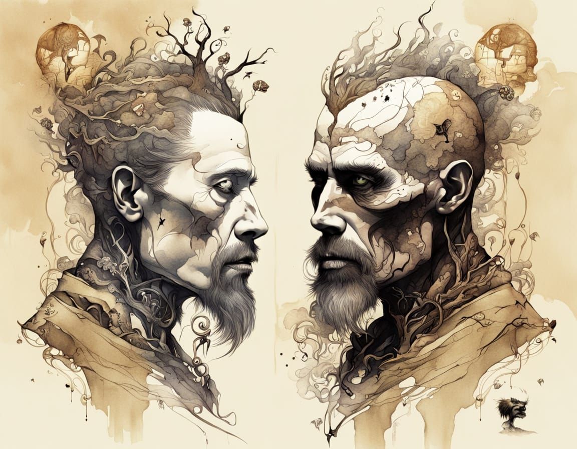 Tree-Dwarf Hybrid with Gemstones in Tattoo Illustration Styl...