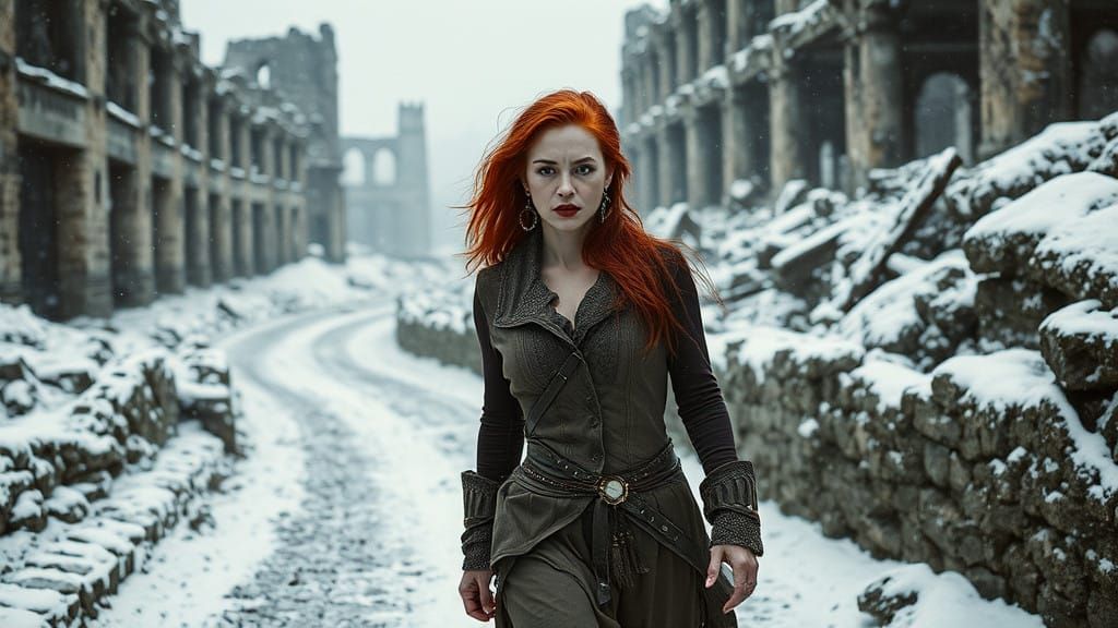 A Woman's Determined Stroll Through Ancient Ruins