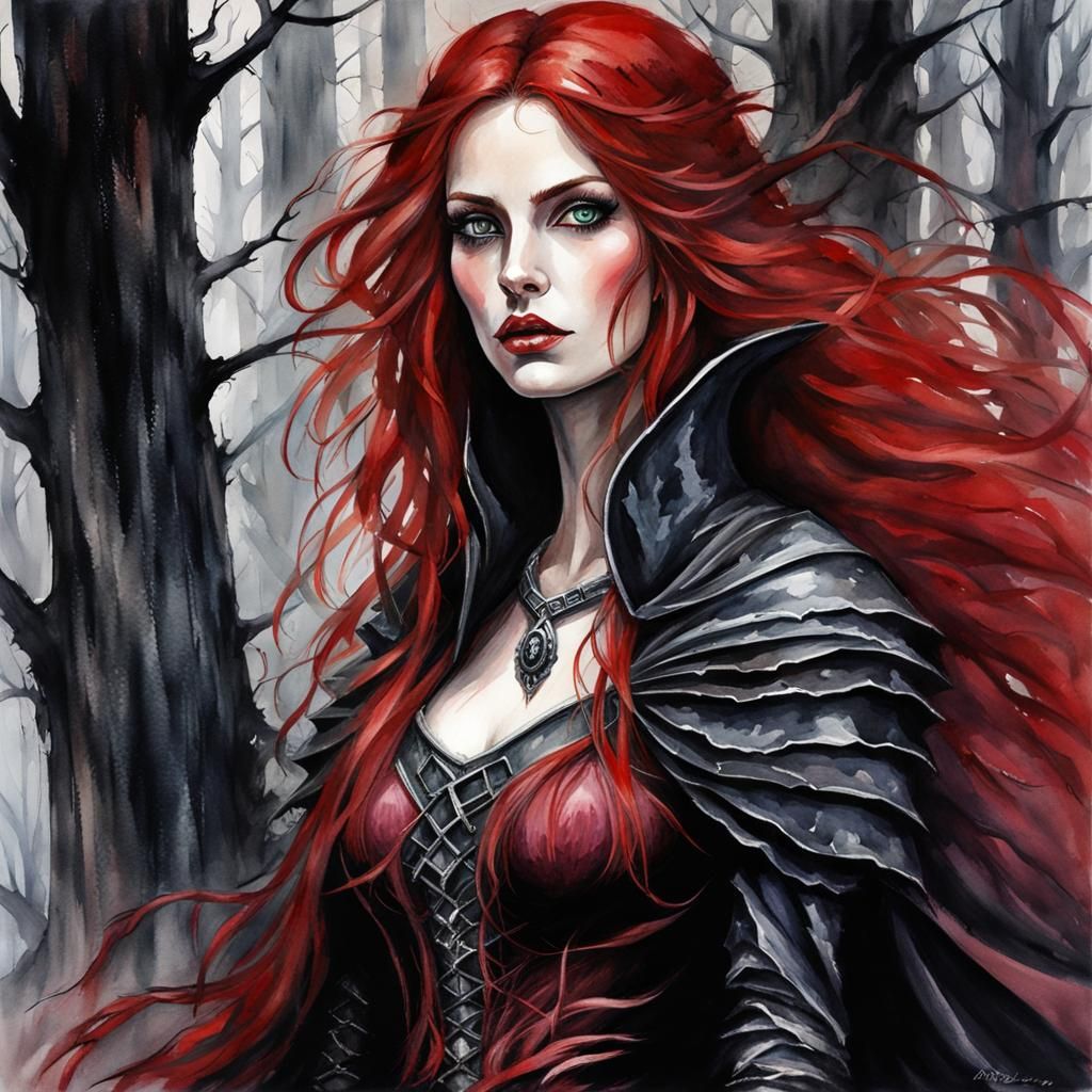 Medieval Red-Haired Witch in Haunted Forest