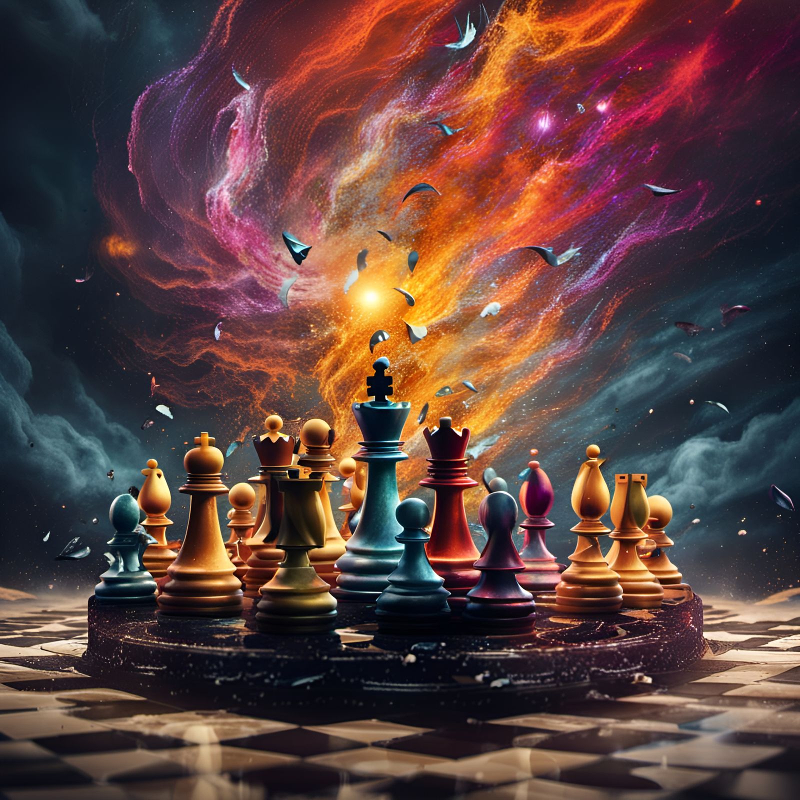 Chess Game Disintegrating in Black Hole Storm