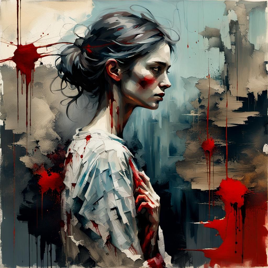 Contemplative Woman in Mixed Media Collage