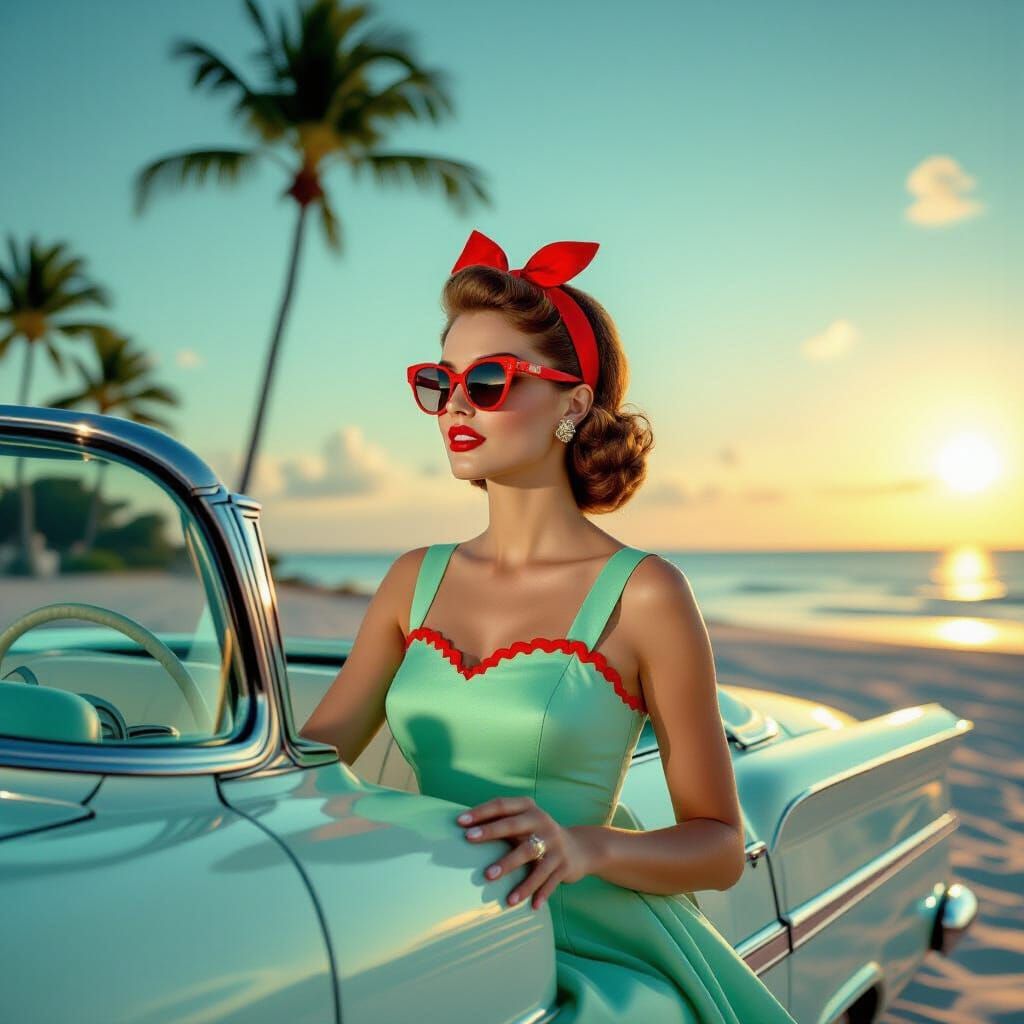 1950s Fashion: Woman in Chevrolet Cabriolet