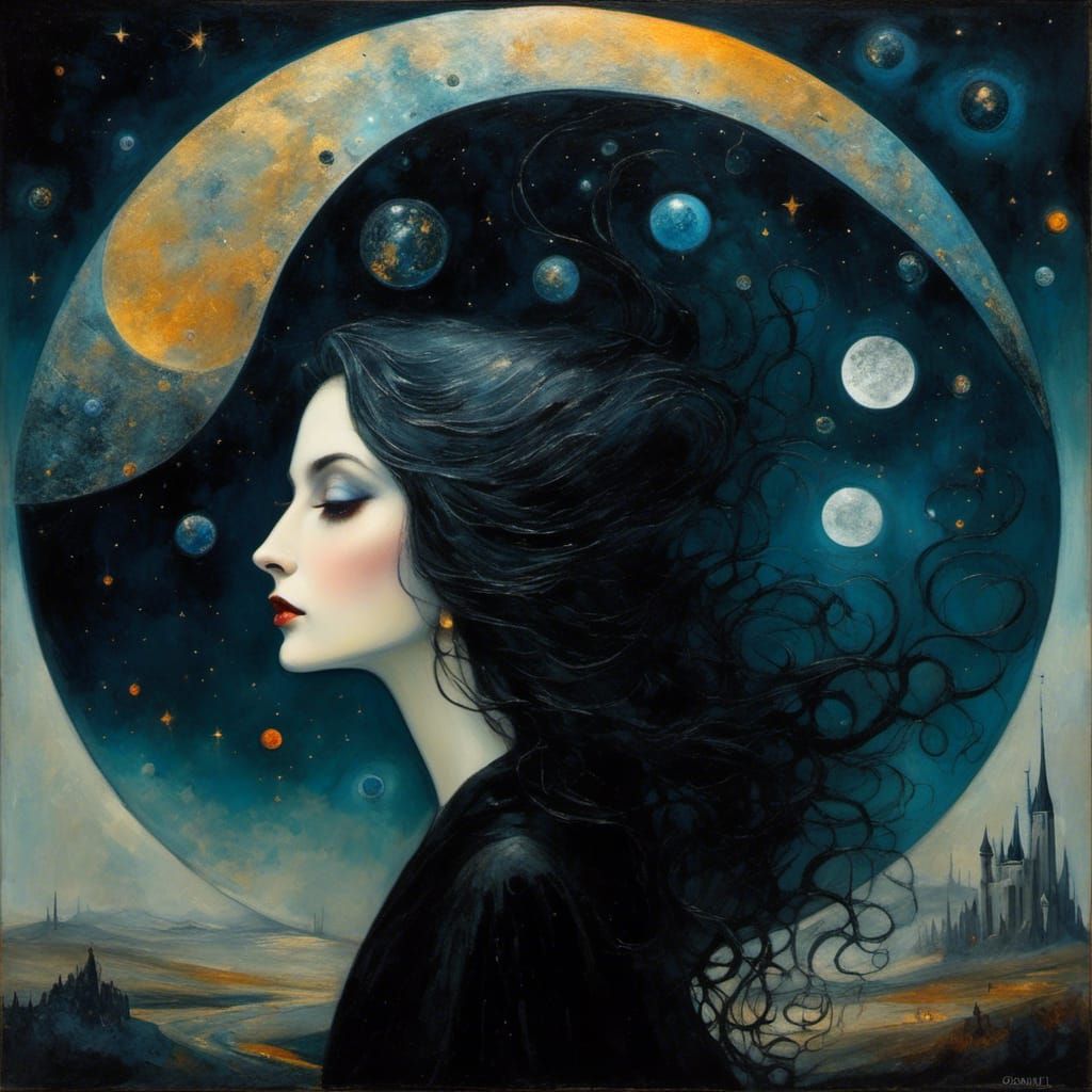 Melancholy Witch with Silver Hair, Oil Pastel Style