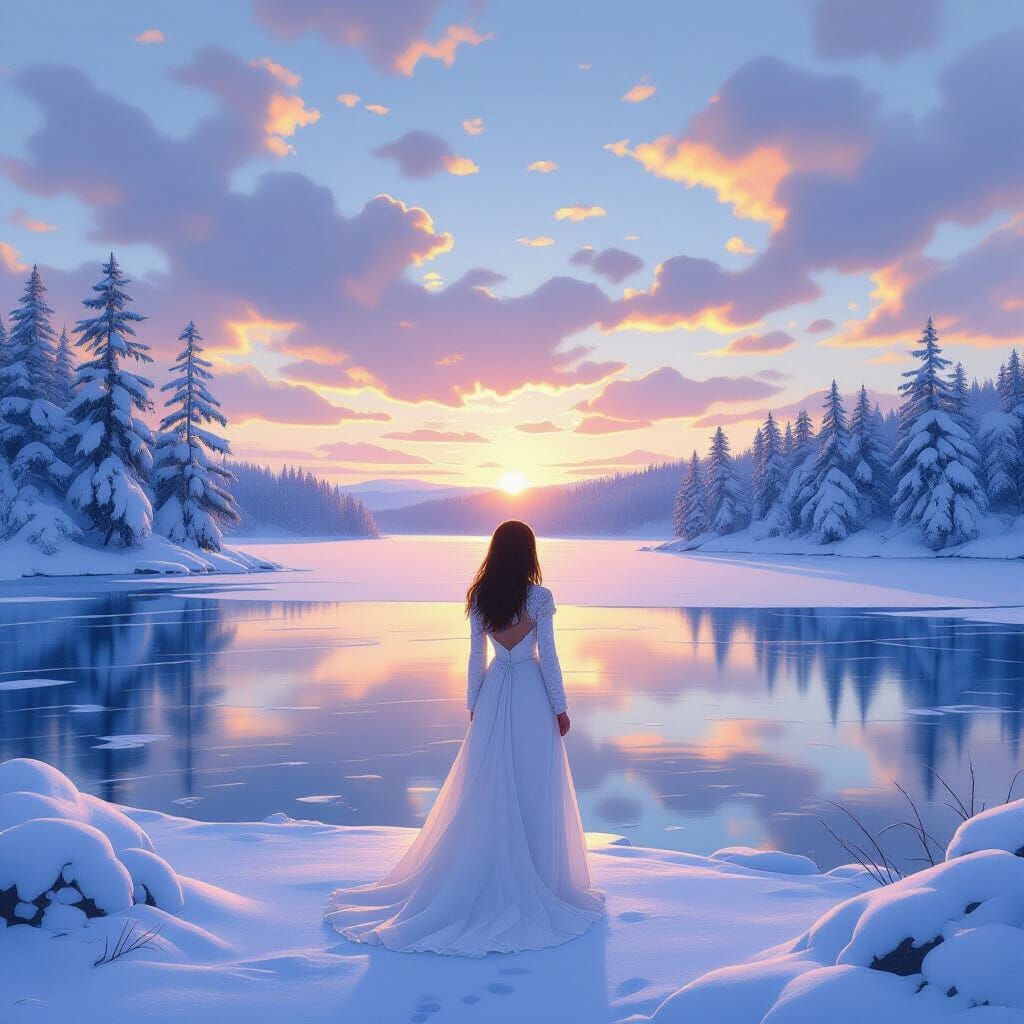 Frozen Lake: Serene Woman in Bierstadt-Inspired Landscape