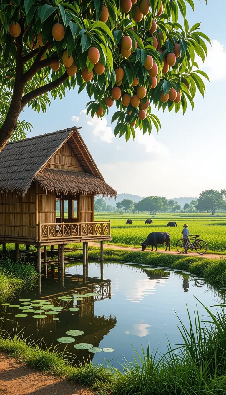 Tranquil Countryside Scene with Bamboo House in Photorealist...