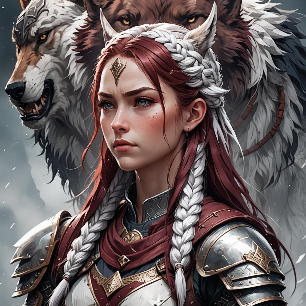 Viking Warrior with Braided Burgundy Hair Portrait