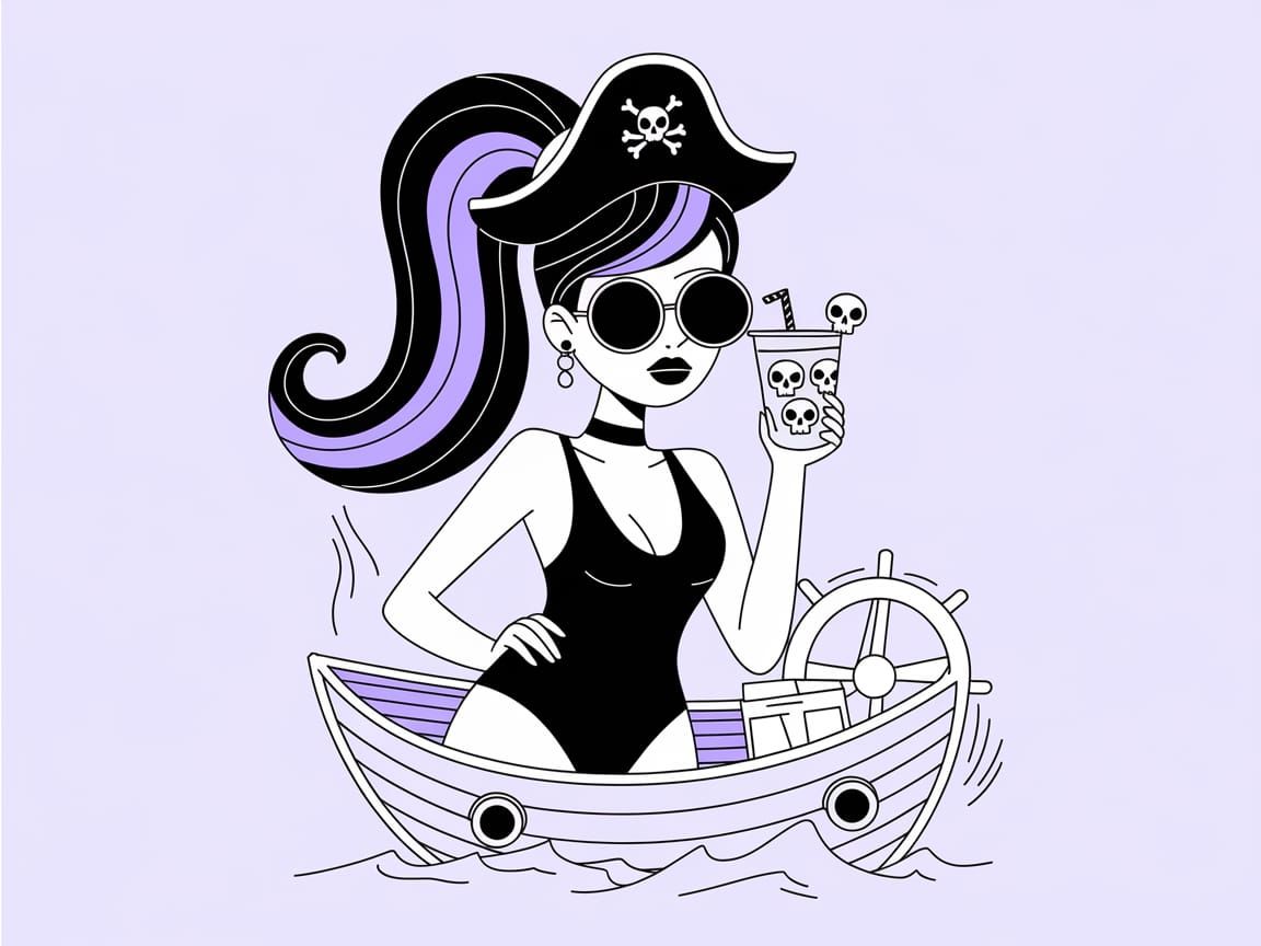 Goth Woman at Helm of Pirate Ship Vector Art