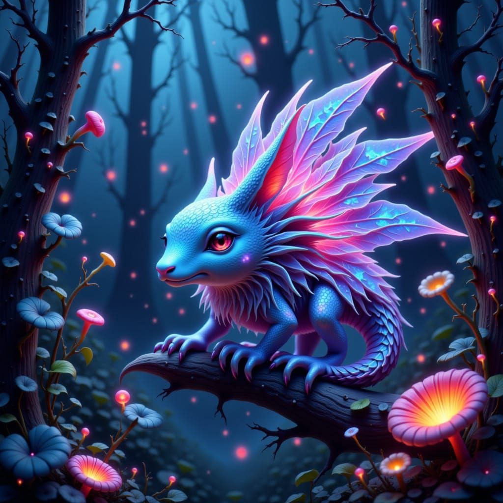 Bioluminescent Creature in Lush Alien Forest, Manga Style