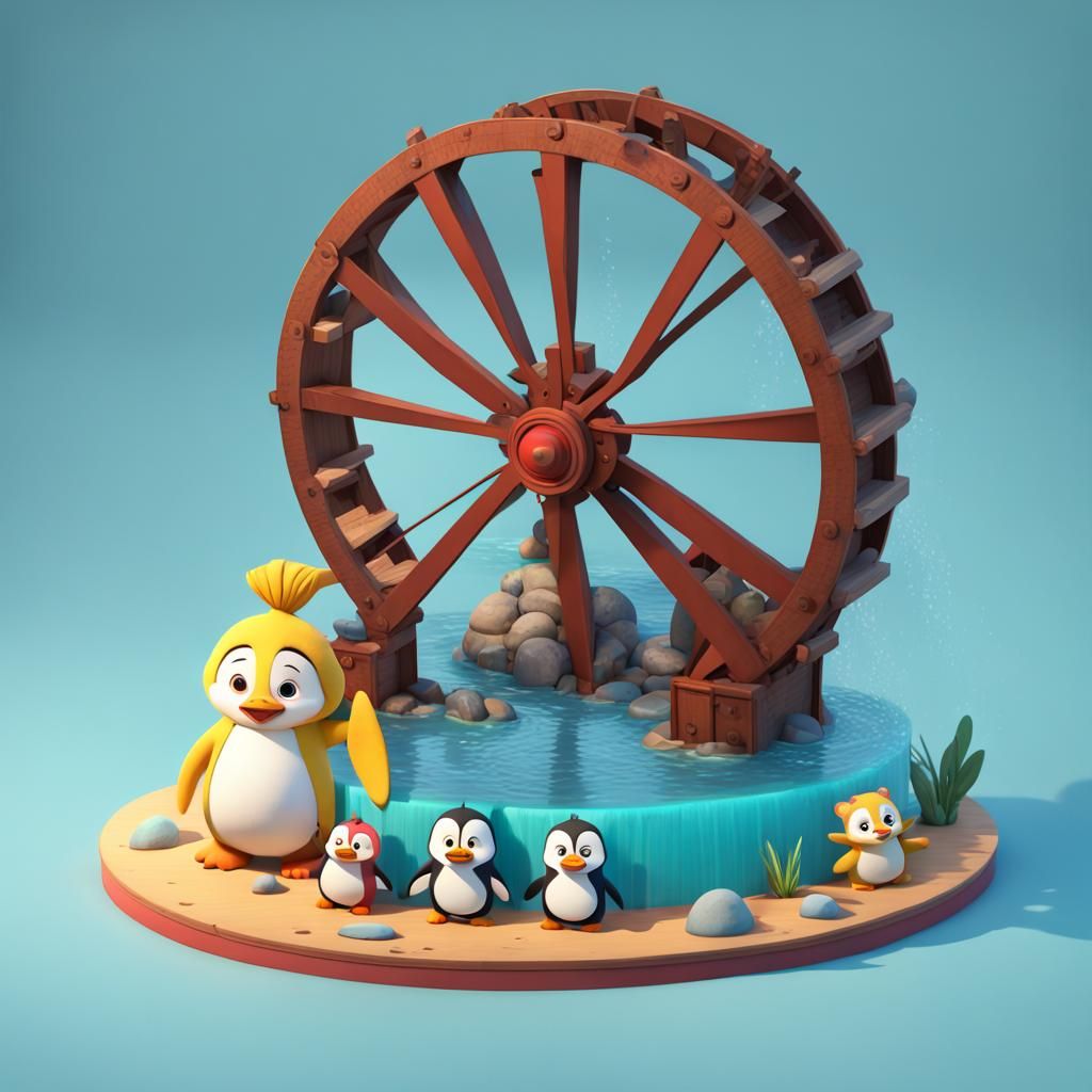 Penguins in Lagoon with Cartoon Characters, 3D Digital Art