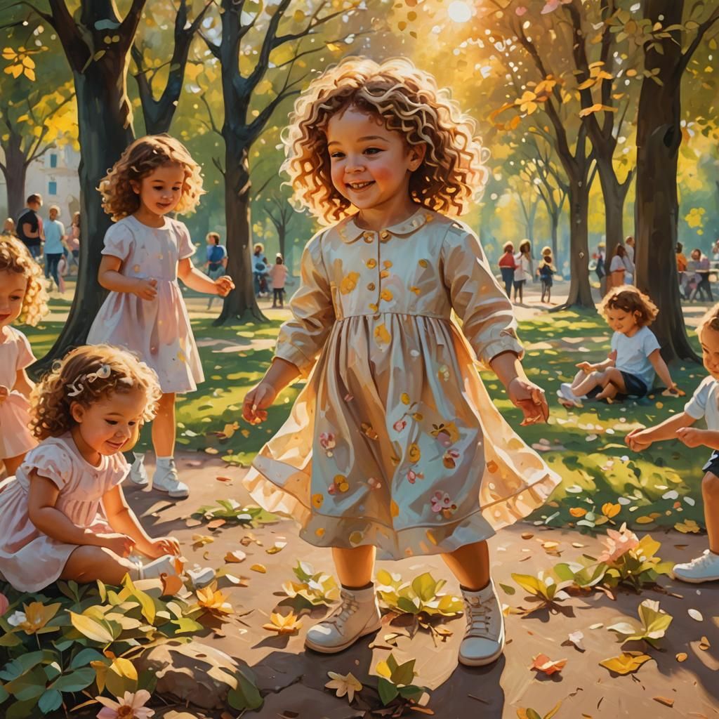 Impressionist Oil Painting of Baby Girl in Park