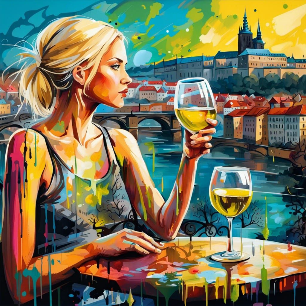 Czech Girl with Wine in Prague, Graffiti Art Style