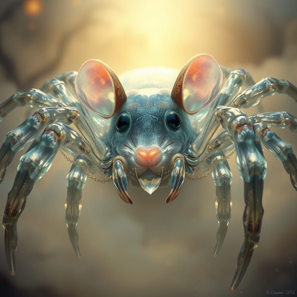 Whimsical Crystal Spider Mouse in Enchanted Landscape