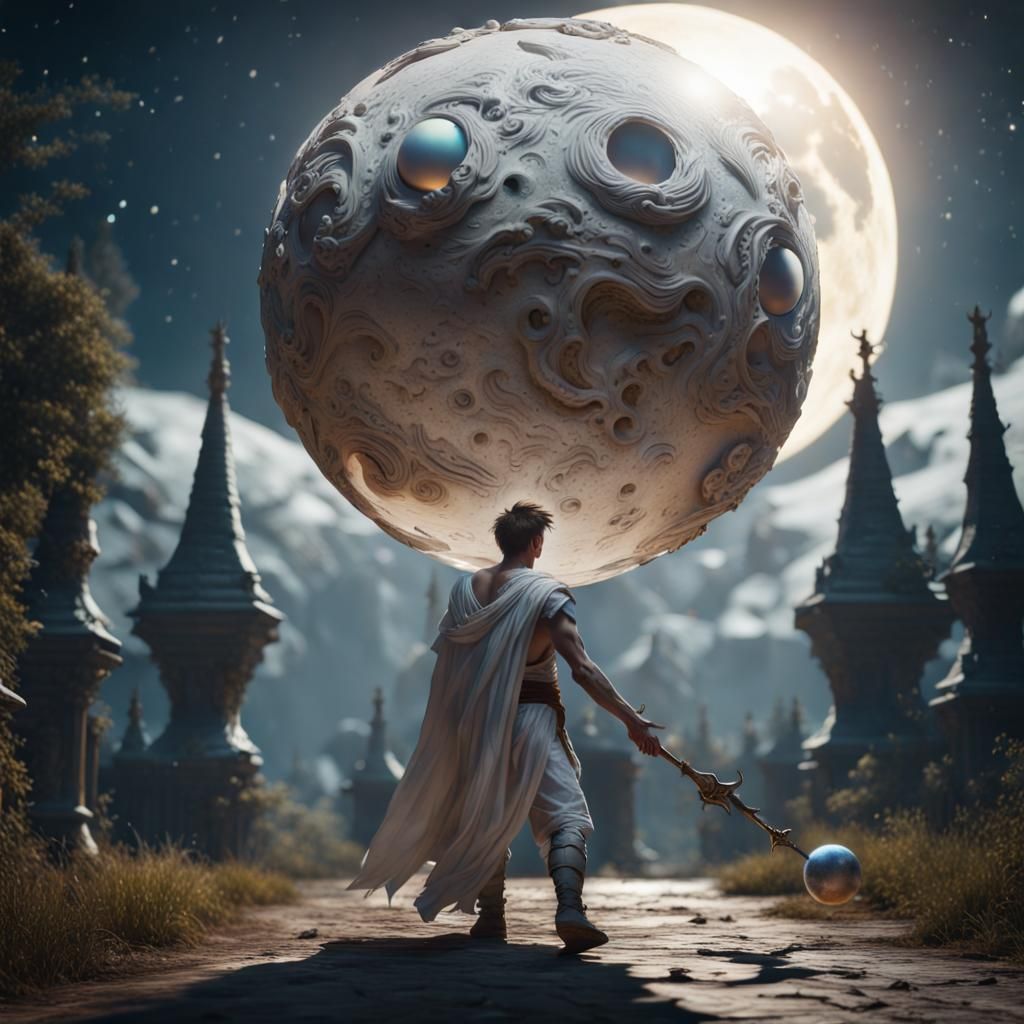 Young Man with Orb Chased by Goblins in Hyperrealism