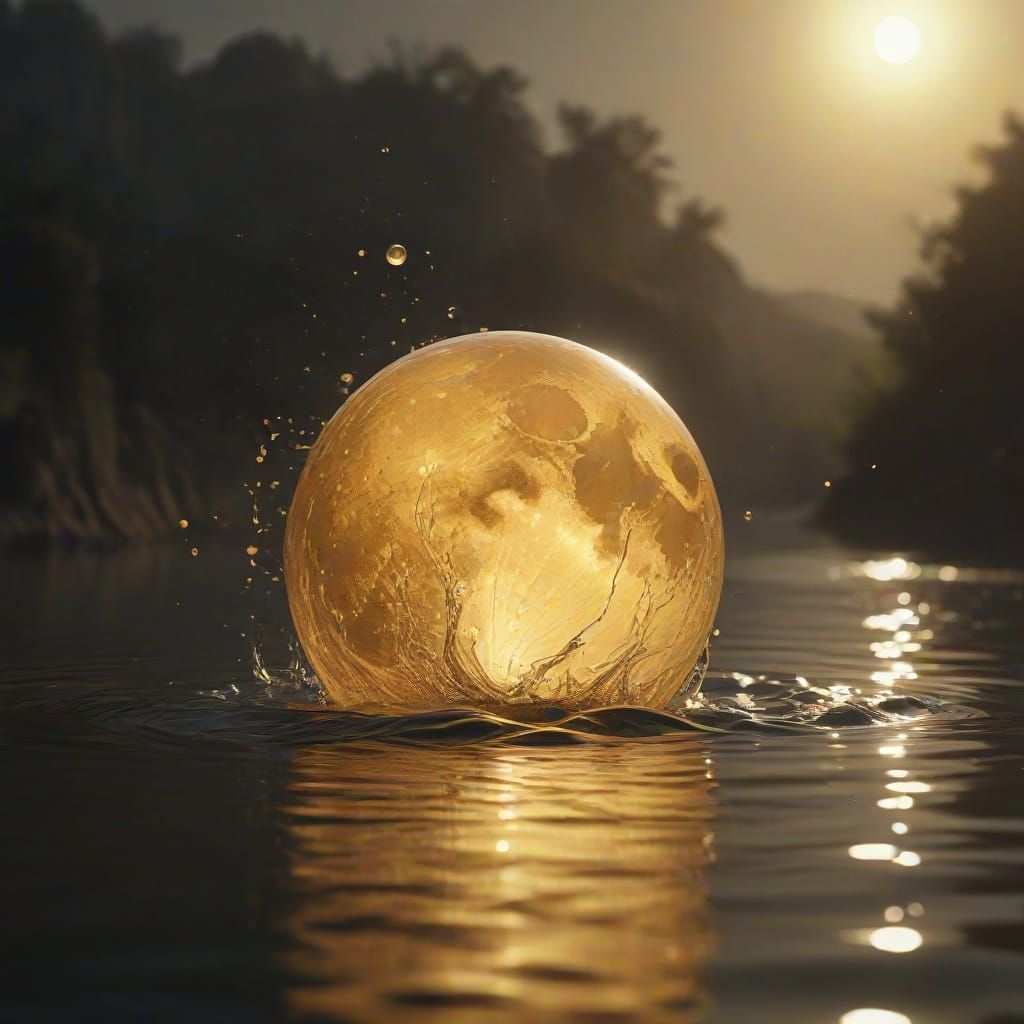 Golden Moon River in Surreal Digital Art Style