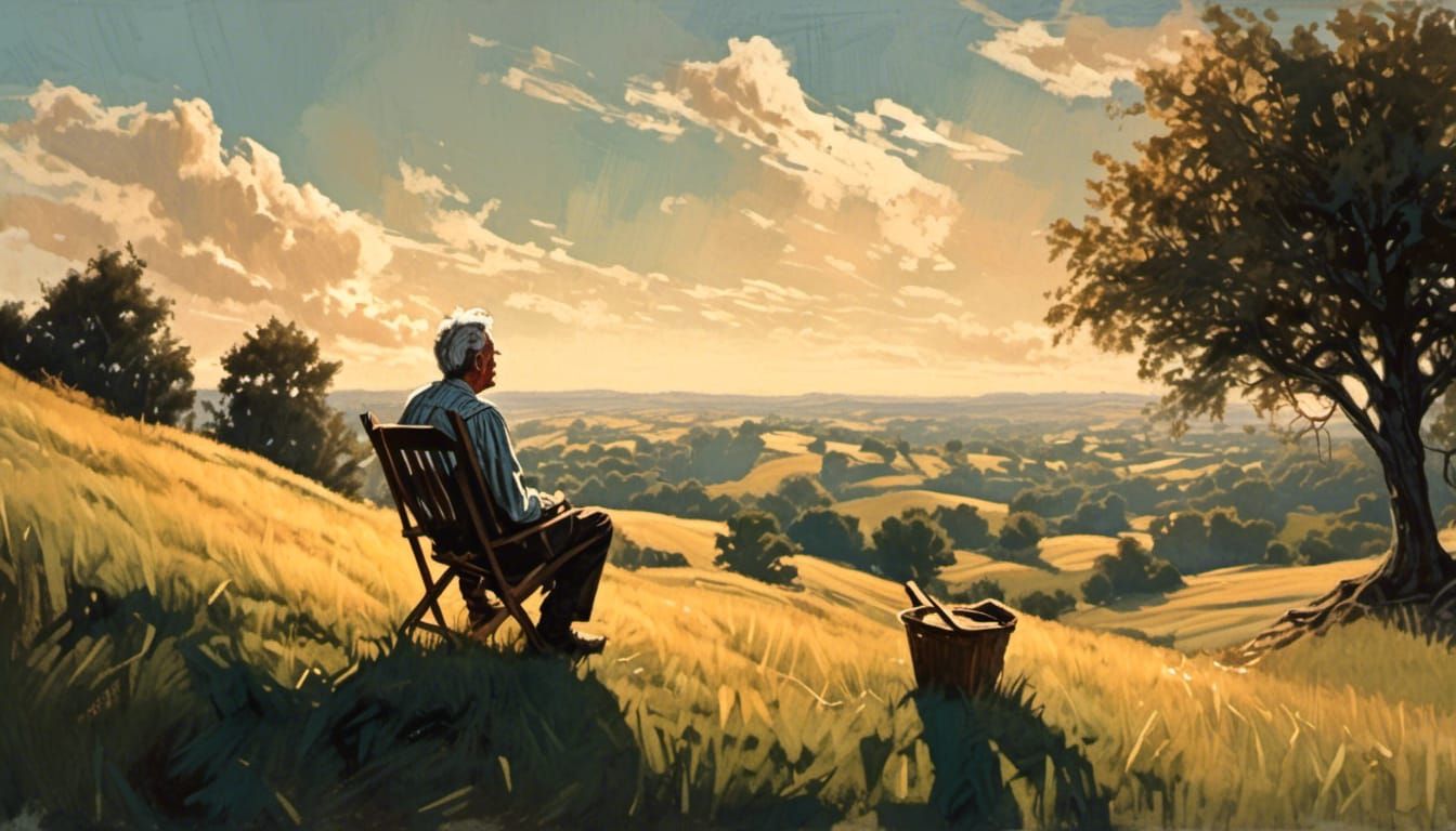 Man on Hill in Norman Rockwell Style