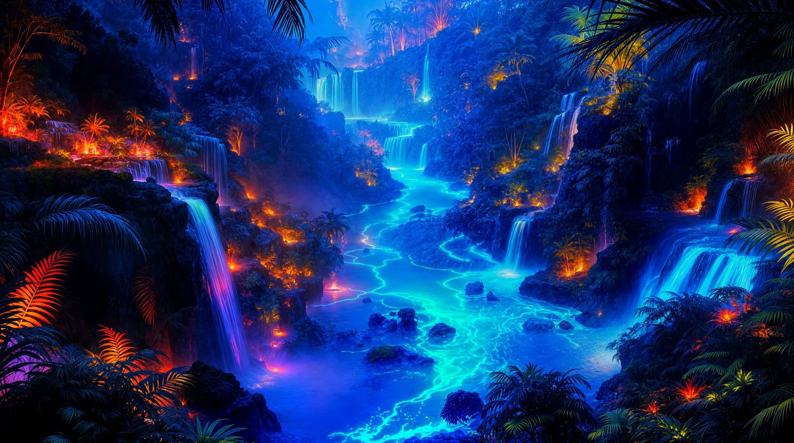 Glowing River in Neon Surrealist Landscape