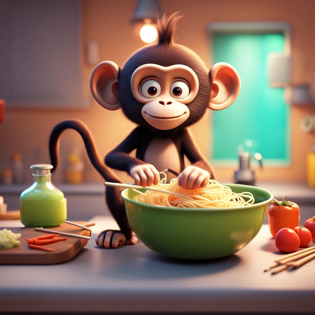 Cute Monkey Cooking Noodles: 3D Digital Art