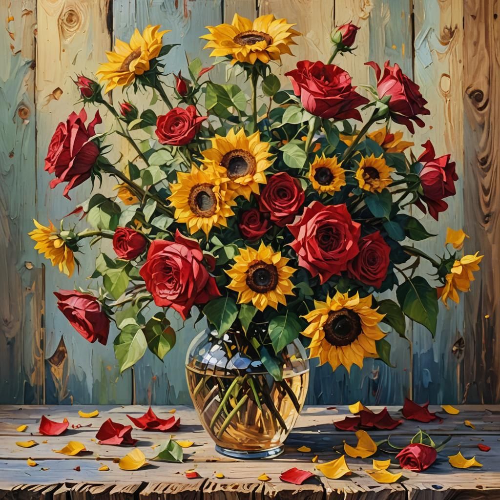 Roses and Sunflowers in Neo-Impressionist Style