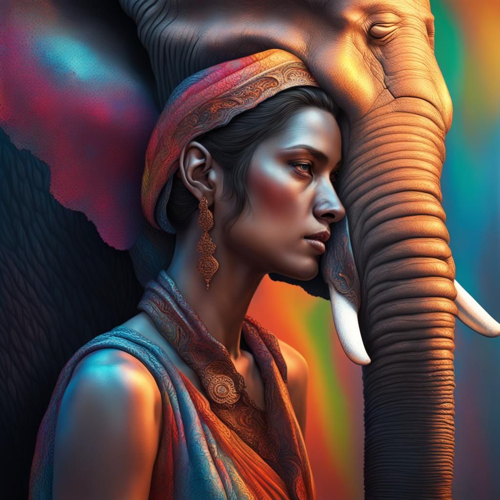 Hyperrealistic Elephant Woman in Splash Art Style