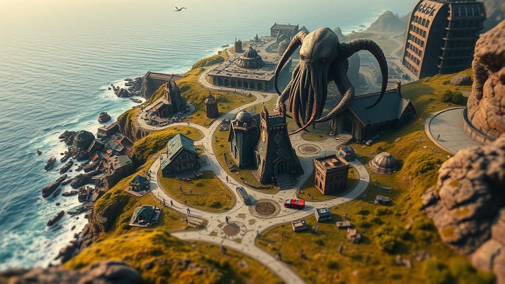 Miniature Cthulhu Rampage in a Syd Mead Town