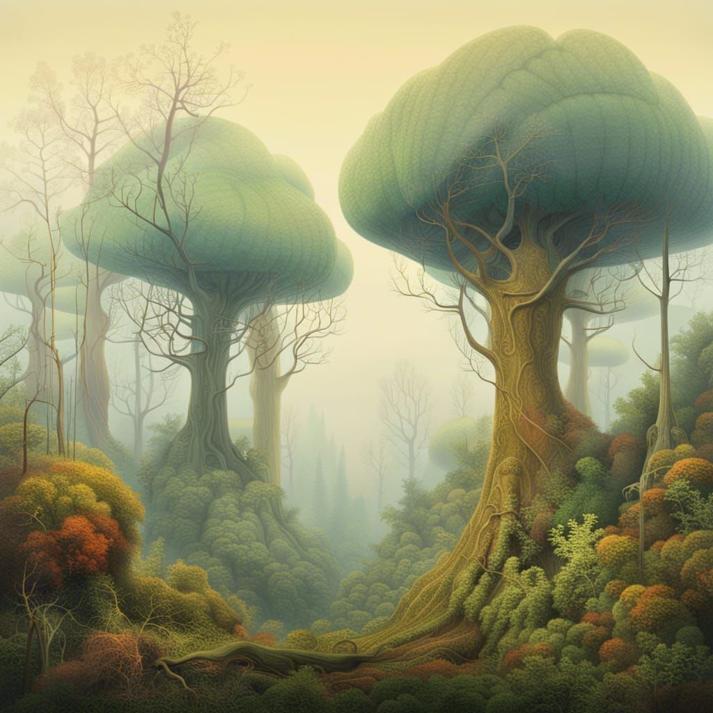 Foggy Forest Landscape Art in Roger Dean Style