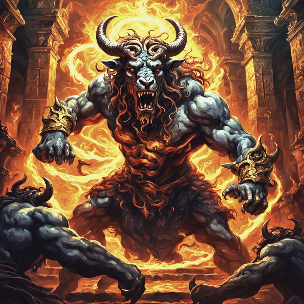 Minotaur and Medusa Battle in Fiery Labyrinth