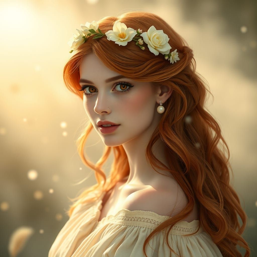 Ethereal Woman with Floral Crown in Art Nouveau Style