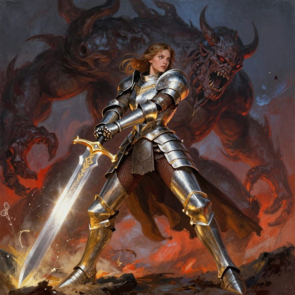 Female Knight in Armor Fights Abyss Monster with Glowing Swo...