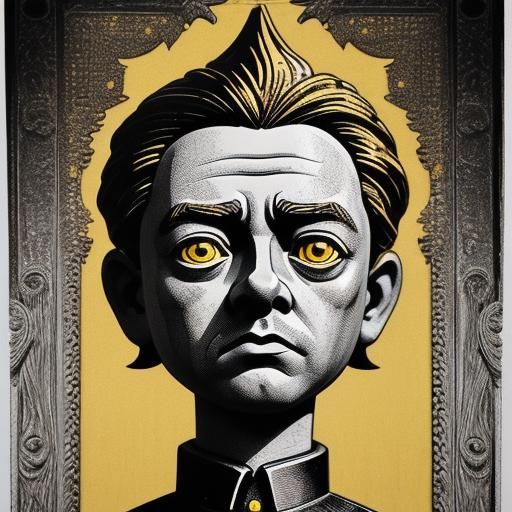 Figurative Linocut of Politician with Bobble Head