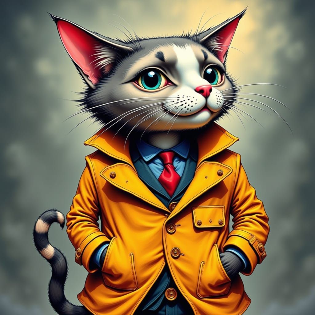 Whimsical Cat Caricature in Colorful Outfit