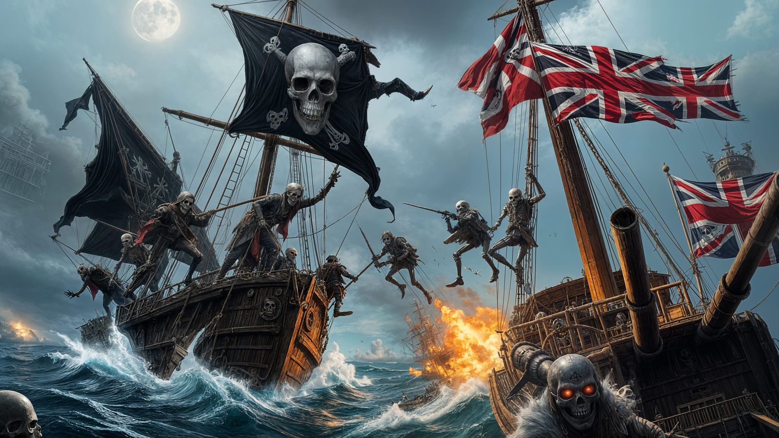Pirate Ship Engages British Warship in Epic Skeleton Battle