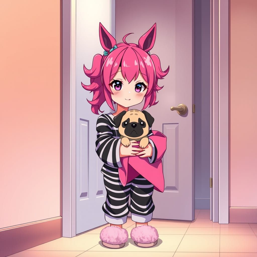 Anime-Inspired Girl with Pink Hair and Horse Ears in Cozy Pa...