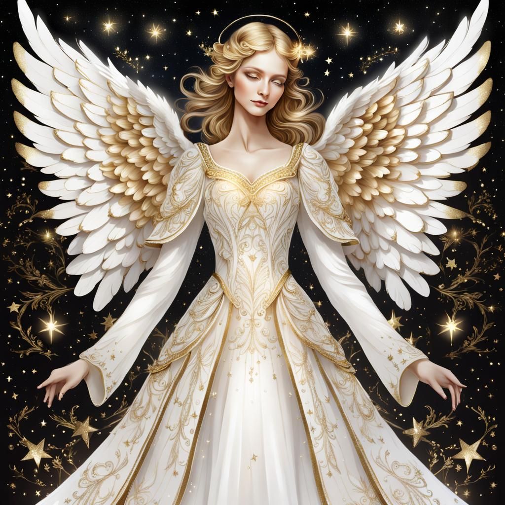 Celestial Angel in Golden Dress with Shimmering Wings
