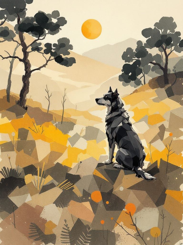 Dog in Sun: Pissarro, Cezanne, Sumi-e Style
